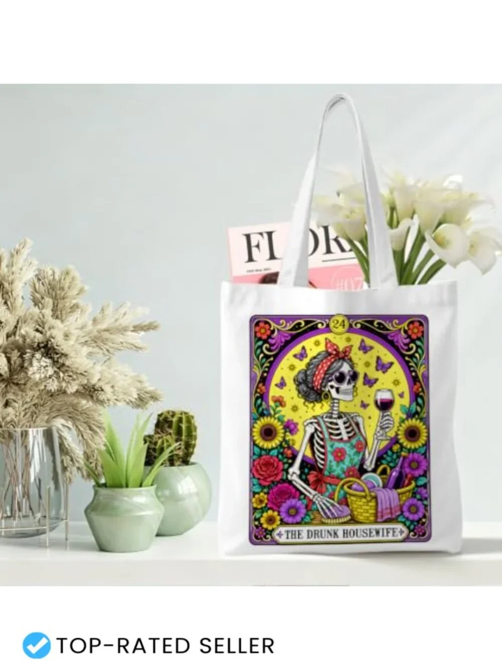 Funny Skull Tarot Card Canvas Tote Bag for Women Witchy Grocery Shopping